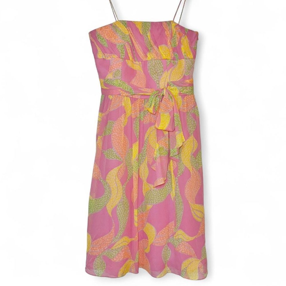 Kay Unger Vintage Pink Green Silk Tropical leaf print Dress Babydoll Waist SZ 4